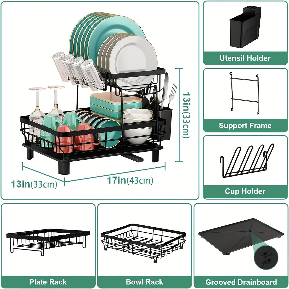 2-Tier Dish Drying Rack with Drainboard & Removable Utensil Holder – Large Capacity Dish Rack for Kitchen Counter, Sink-Side Drying Rack for Dishes, Cookware & Utensils – Space-Saving Design
