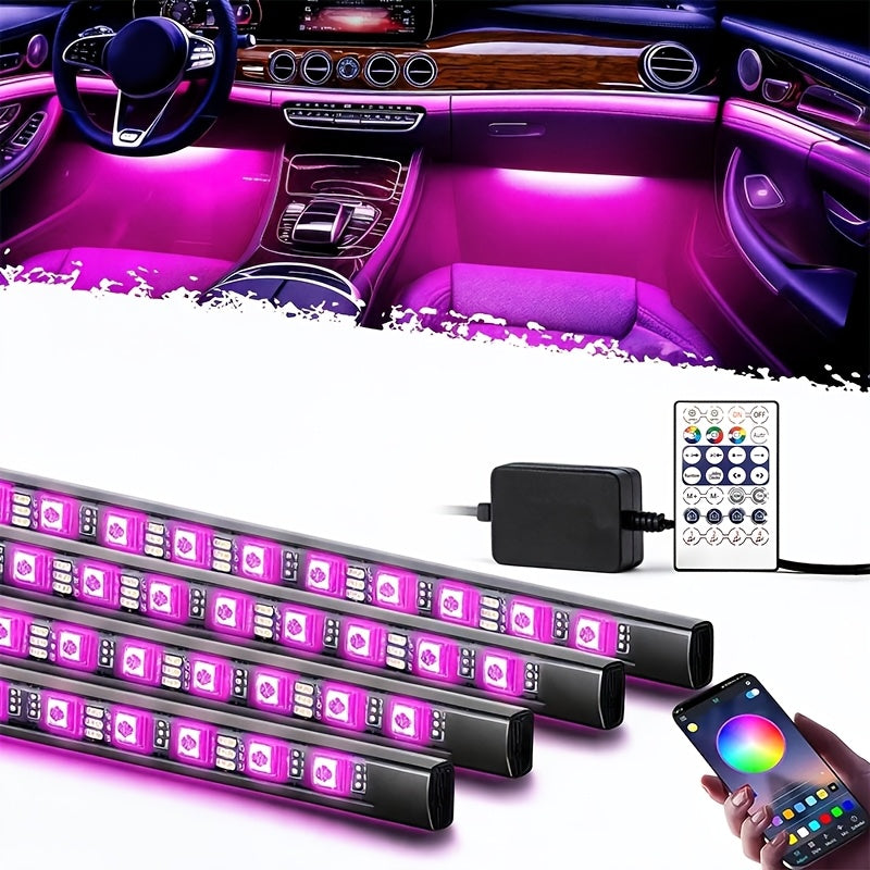 4pcs LED Car Interior Light Strip RGB Music Sync – 48 Color USB Remote Control Under Dash Ambient Lighting Kit for Car Truck SUV Van – Easy Install, No Battery Needed