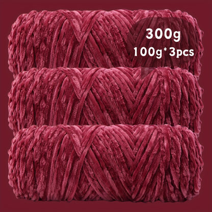 Velvet Chenille Yarn 3-Pack 300g (100g x3) Soft Bulky Knitting Crochet Yarn 47 Colors Beginner Friendly Luxury Handcraft for Sweaters Scarves Hats Dolls Bags Amigurumi DIY Projects
