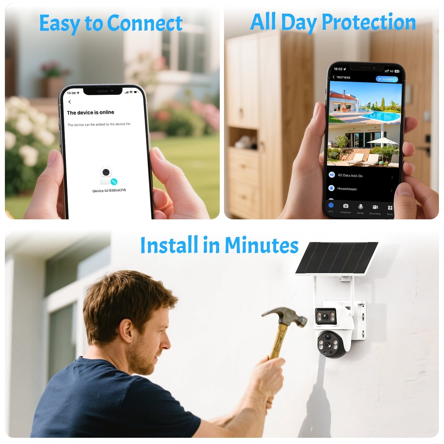 4G LTE Solar Security Camera Outdoor 8MP – 360° Pan Tilt Dual Lens, IP65 Weatherproof, PIR Motion Detection, Color Night Vision, Two-Way Audio & App Control, US Networks Only, No WiFi Required