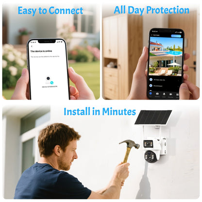 4G LTE Solar Security Camera Outdoor 8MP – 360° Pan Tilt Dual Lens, IP65 Weatherproof, PIR Motion Detection, Color Night Vision, Two-Way Audio & App Control, US Networks Only, No WiFi Required