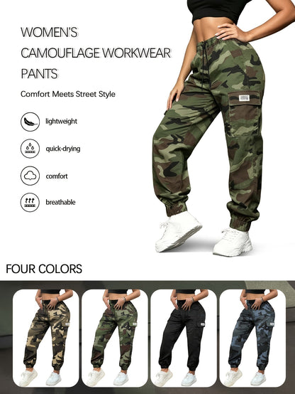 Women's Camo Cargo Pants – Lightweight Breathable Hiking Outdoor Casual Long Pants Multi-Pocket Elastic Waist XS-XXL Camouflage