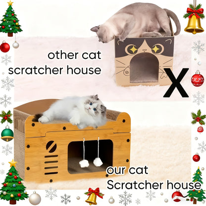 Large Cat House with Scratcher Pads & Plush Ball Toys – Ventilated Indoor Outdoor Cat Shelter, Choose Single Door, Double Door or Luxury Double-Layer Design, Great Cat Gift