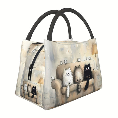 Insulated Lunch Tote Bag with Cute Cat Design – Reusable Polyester Cooler Bag with Zipper Closure, Portable & Easy to Clean, Ideal for Work, Picnics, Beach, Hiking & Everyday On-the-Go Meals