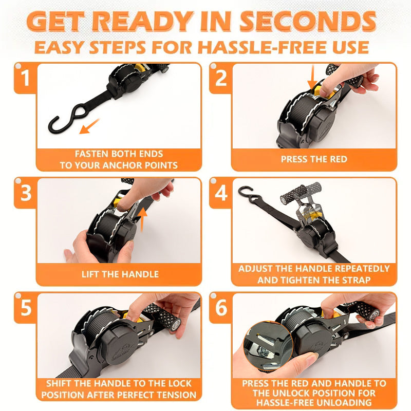 Heavy Duty Auto Self-Retracting Ratchet Tie Down Straps 2-Pack – 10 Ft Cargo Straps for Truck, Trailer, Motorcycle & Moving, Independence Day & Men’s Gift
