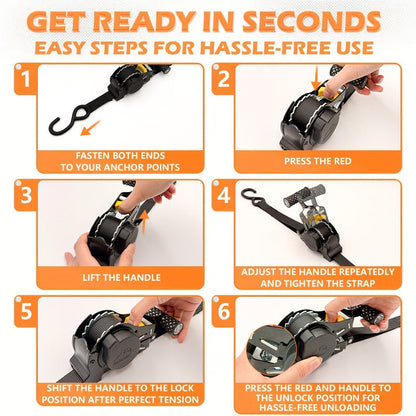 Heavy Duty Auto Self-Retracting Ratchet Tie Down Straps 2-Pack – 10 Ft Cargo Straps for Truck, Trailer, Motorcycle & Moving, Independence Day & Men’s Gift