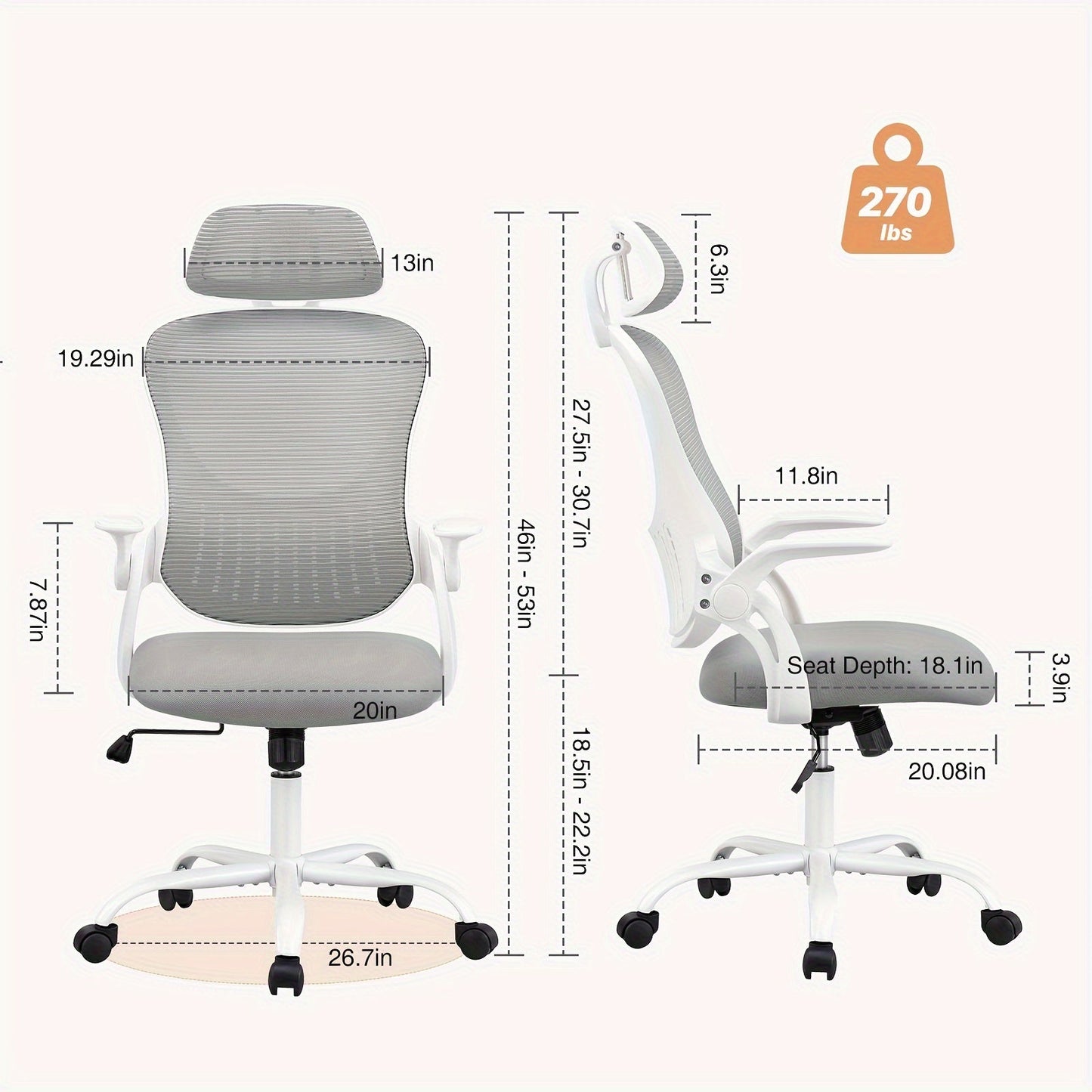 Ergonomic High-Back Mesh Office Chair with Flip-Up Arms Adjustable Headrest Lumbar Support & Wheels - Rolling Computer Desk Chair for Home Office Bedroom Study Pink Grey Black