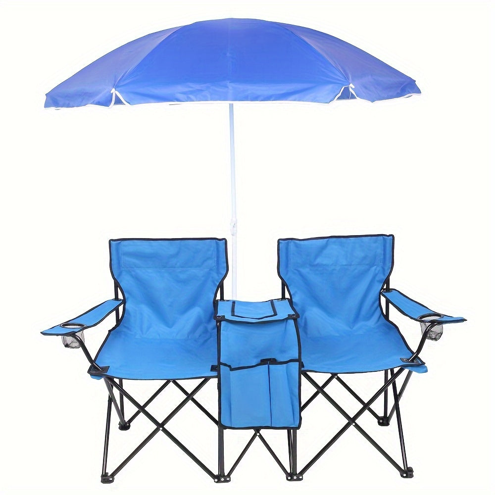 2-Person Outdoor Folding Chair with Removable Sun Umbrella – Portable Loveseat Camping Chair with Handrails for Fishing Beach Sunbathing Picnic