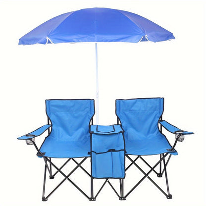 2-Person Outdoor Folding Chair with Removable Sun Umbrella – Portable Loveseat Camping Chair with Handrails for Fishing Beach Sunbathing Picnic