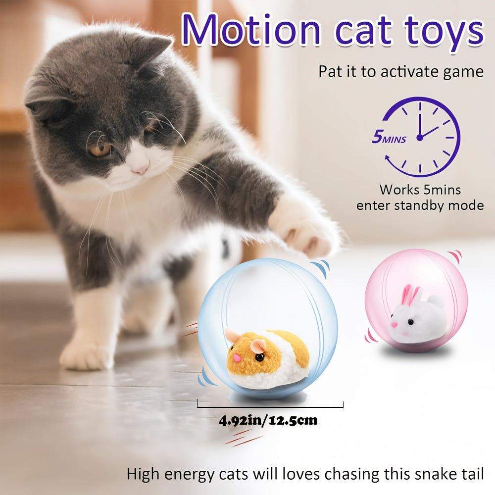 Interactive Cat Toy Ball USB Rechargeable - Motion Activated Auto Rolling Toy for Indoor Cats & Dogs, Engages Bored Adult Pets, Cartoon Design, Small Medium Large Breeds, Blue & Pink