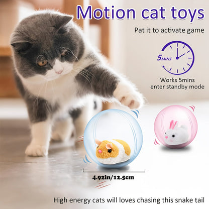 Interactive Cat Toy Ball USB Rechargeable - Motion Activated Auto Rolling Toy for Indoor Cats & Dogs, Engages Bored Adult Pets, Cartoon Design, Small Medium Large Breeds, Blue & Pink