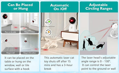 Automatic Laser Cat Toy USB Rechargeable – 3 Speed Modes, Hang or Place, 0–130° Adjustable Angle, 800mAh Battery, 15-Min Auto Shutoff, Interactive Laser Pointer for Indoor Cats Kittens Dogs