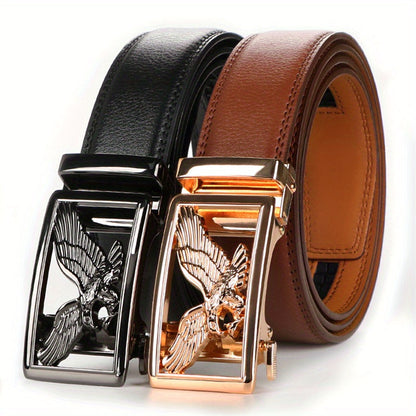 2pcs Men's Genuine Leather Belt Set with Automatic Ratchet Buckle – Adjustable Comfort Fit for 30"-44" Waist, Business & Casual Dress Belts in Black Light Brown & Black Dark Brown