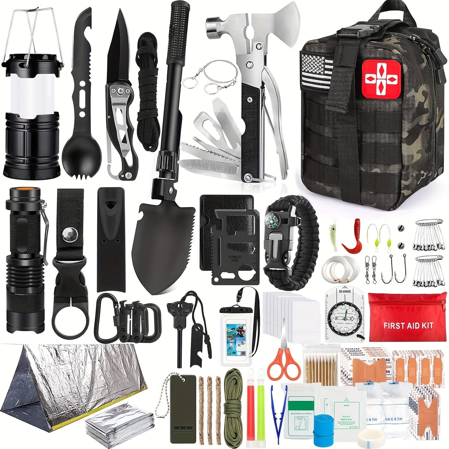 Professional Survival Gear Kit 14, 152 or 258 Piece – Outdoor Emergency Survival Equipment with Fire Starter, Compass & Multitool for Camping, Hiking & Adventure, Best Gift for Men & Women