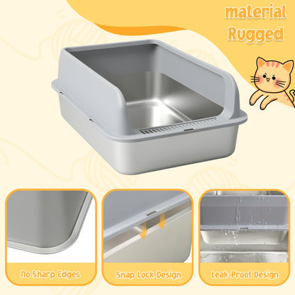 Stainless Steel Cat Litter Box High Sides Anti-Leakage Metal Litter Pan with Scoop Sifting Tray Rust-Proof Odor-Resistant Non-Stick Easy Clean Indoor Cat Toilet Medium Large Cats