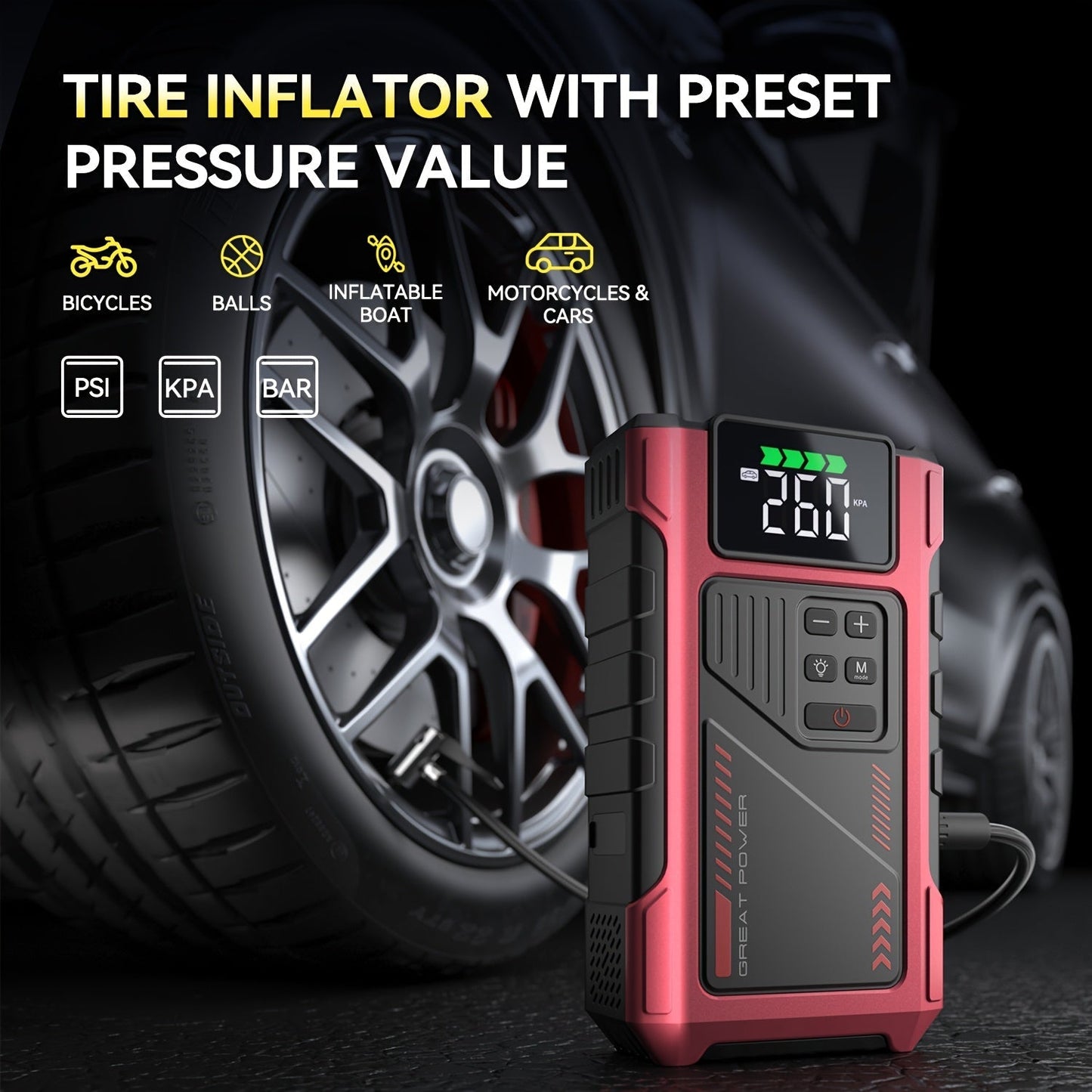 9-in-1 Portable Jump Starter with Air Compressor for 12V Car Up to 8.0L Gas 6.5L Diesel – Battery Booster Pack with Tire Inflator, USB Power Bank, LED Emergency Light & Roadside Kit
