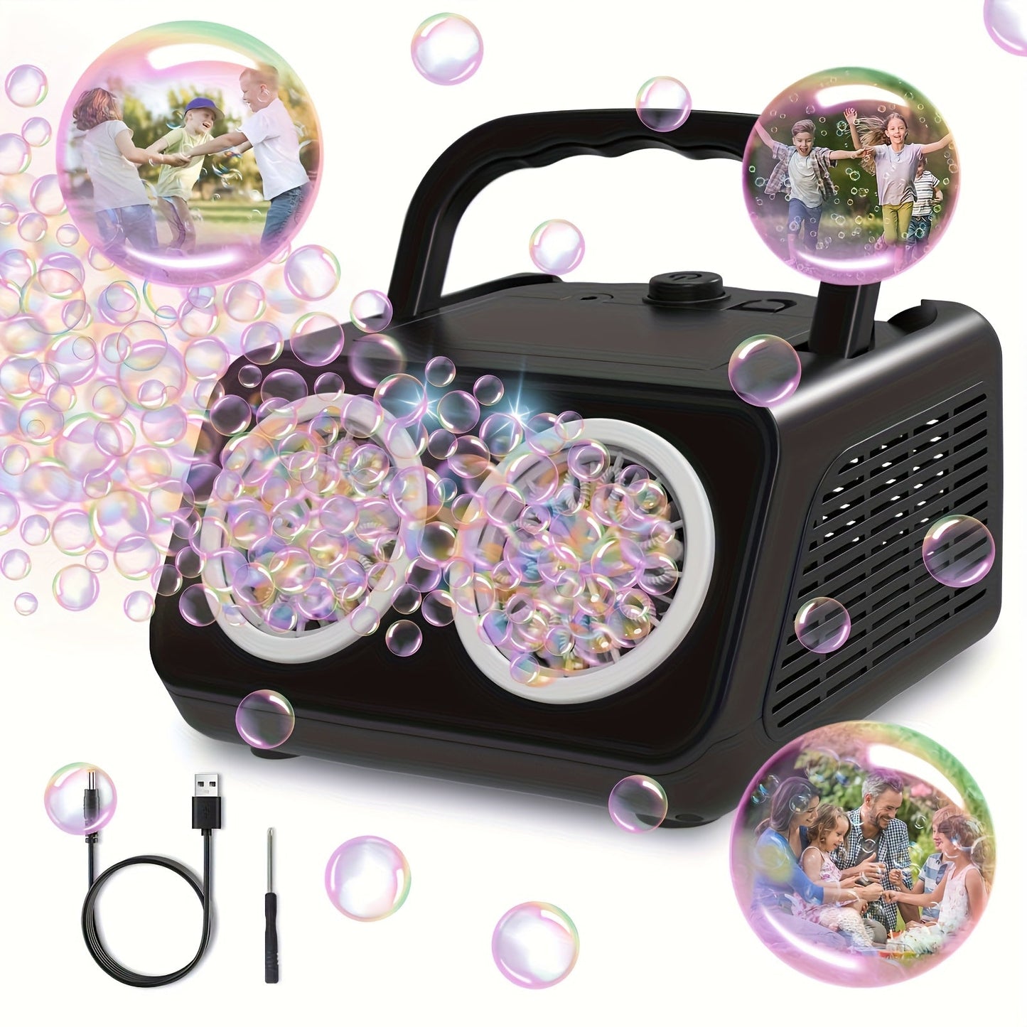 Automatic Bubble Machine for Kids & Toddlers – Electric Bubble Blower with 2 Fans, 20000+ Bubbles Per Minute, Battery Operated, Includes Bubble Solution, Outdoor Bubble Toy for Parties & Birthdays
