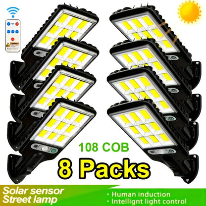 Solar Security Wall Light 108COB LED Motion Sensor with Remote Control – 3 Working Modes, Outdoor Waterproof Spotlight for Garden Patio Porch Garage Door – 2/4/6/8 Pack, Holiday Gift