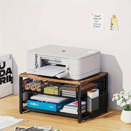 Metal Printer Stand for Desk with Storage Drawer & 2 Pen Holders – 2-Tier Desktop Organizer for Home Office, Multi-Purpose Printer Table for Fax Machine Scanner Files, Wood & Black