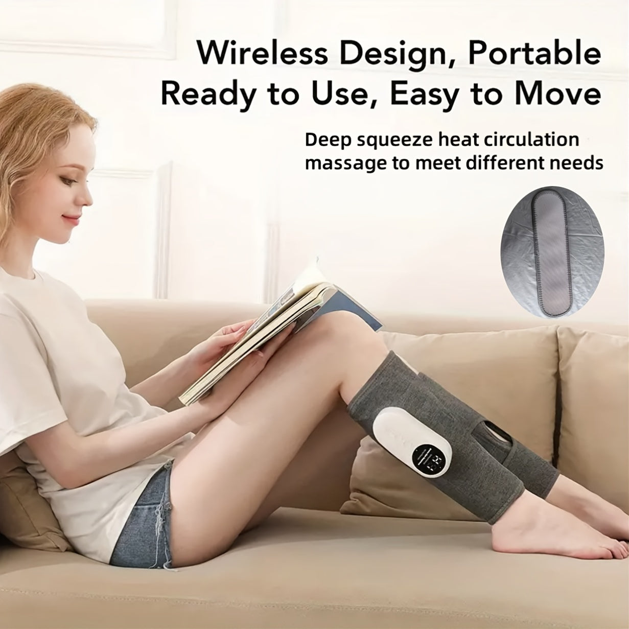 Cordless Air Compression Leg Massager 3 Intensities Calf Thigh Foot Knee Relief Rechargeable Portable Massager for Home Office Travel Gray Black