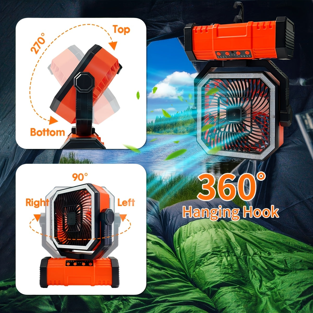 20000mAh Portable Camping Fan with Remote Control, LED Lights, 4 Speeds & 360° Rotation – Rechargeable Battery Operated Oscillating Tent Fan for Outdoor Camping, RV & Travel
