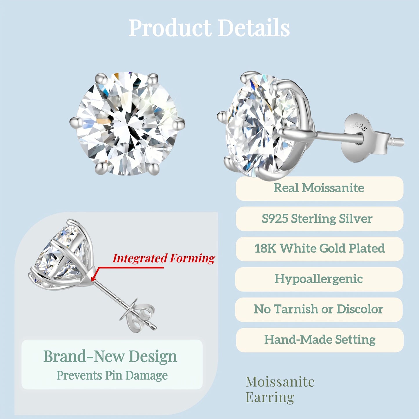 Moissanite Stud Earrings D Color VVS Brilliant Round Cut S925 Sterling Silver – 1CT to 10CT Options, Velvet Pouch & Polishing Cloth Included, Perfect Birthday, Christmas & Valentine’s Day Gift (4.25g)