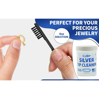 JSP Sterling Silver Dip Cleaner & Tarnish Remover 8oz – 925 & 999 Silver Jewelry Cleaning Solution with Dipping Basket & Microfiber Cloth, Restores Shine to Silver, Gold & Precious Metals