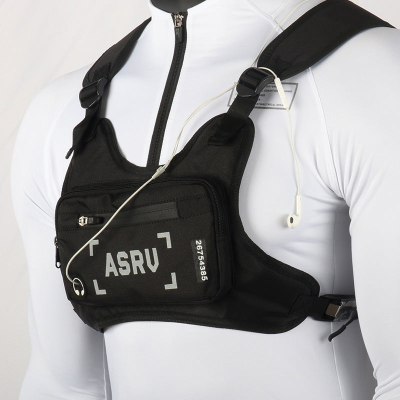 Reflective Chest Bag Running Vest Pack Lightweight Adjustable Crossbody Sling Bag for Men Women – Waterproof Sport Chest Pack for Cycling Hiking Skiing with Headphone Hole, Black & White