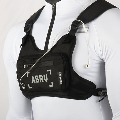 Reflective Chest Bag Running Vest Pack Lightweight Adjustable Crossbody Sling Bag for Men Women – Waterproof Sport Chest Pack for Cycling Hiking Skiing with Headphone Hole, Black & White