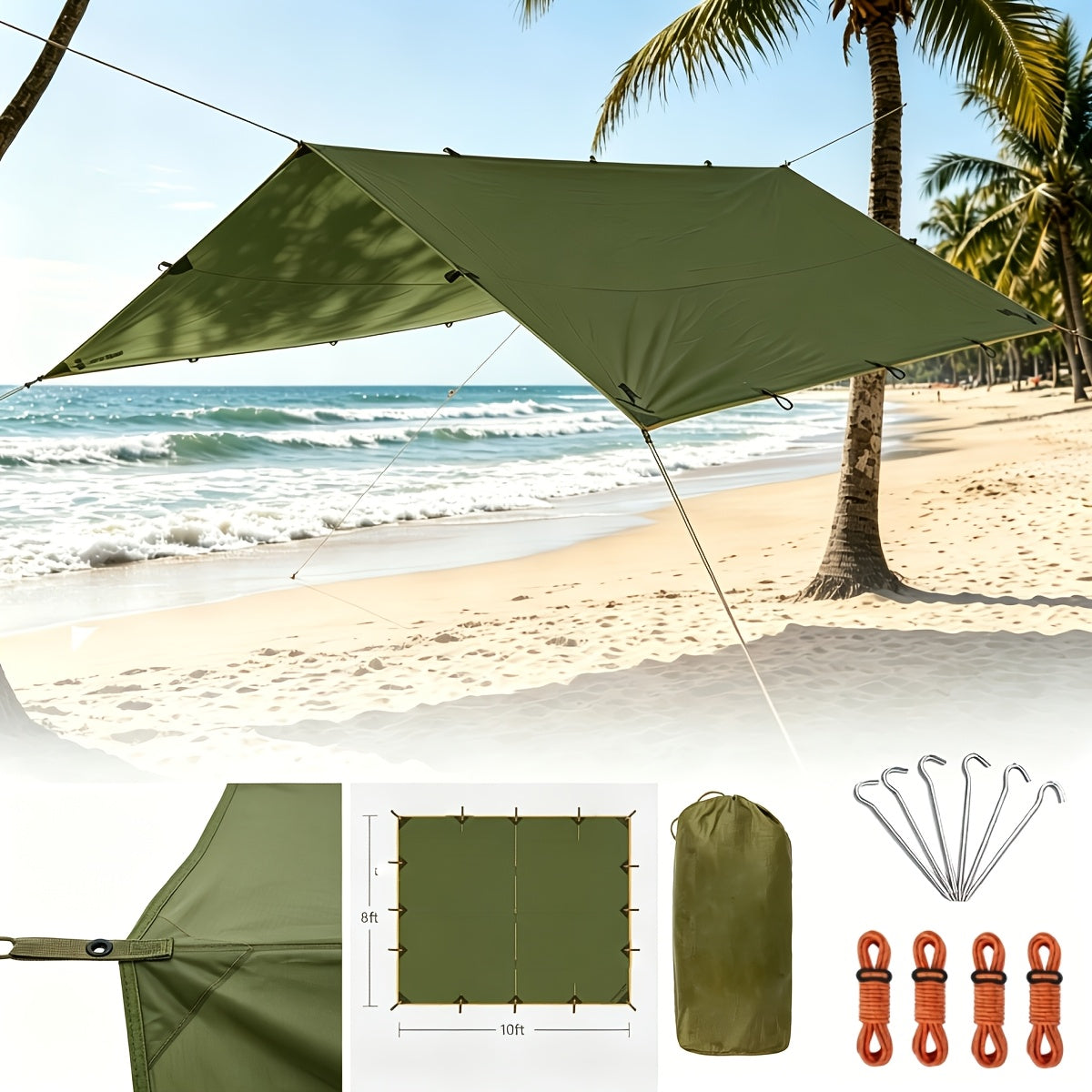 Outdoor Camping Tarp Canopy with UV Protection & Alloy Bracket – Portable Foldable 4-Person Shelter for Backpacking, Hiking, Garden & Outdoor Survival | All-Season Camping Awning