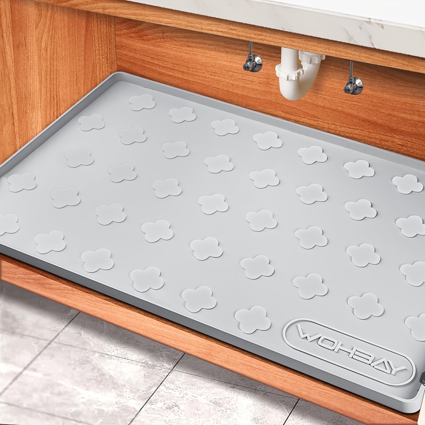 Under Sink Mat Waterproof Silicone 34" x 22", Under Sink Drip Tray Liner for Kitchen Bathroom Cabinet, Holds Up to 2 Gallons, Non-Toxic Leak Protection Mat with Raised Edges & Four-Leaf Clover Pattern