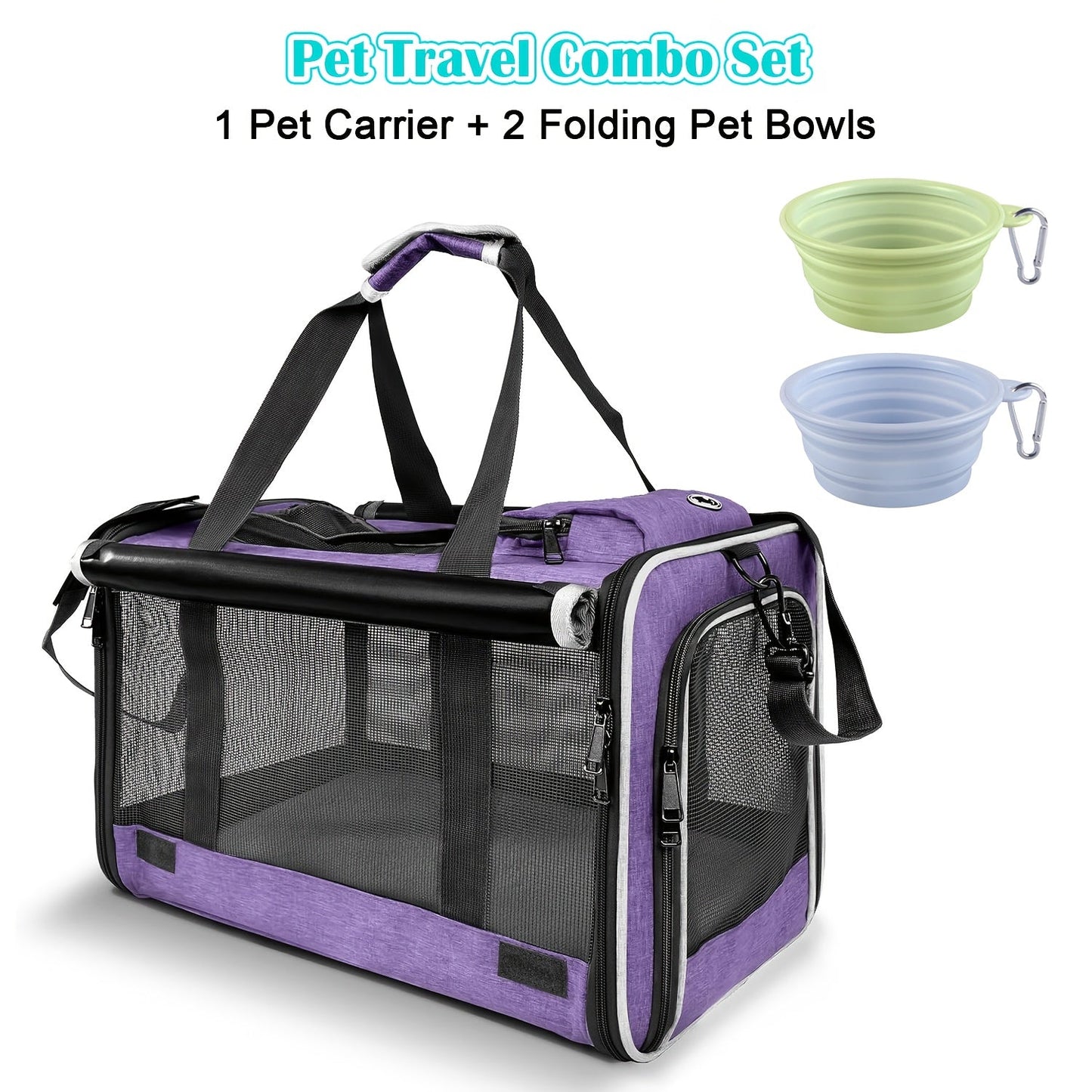 Airline Approved Pet Carrier Soft Sided – Breathable Collapsible Travel Bag for Cats & Small Dogs with Accessories Bundle Collar Bowls or Pet Glove 10 Colors Pink Blue Black Gray Navy Green Orange