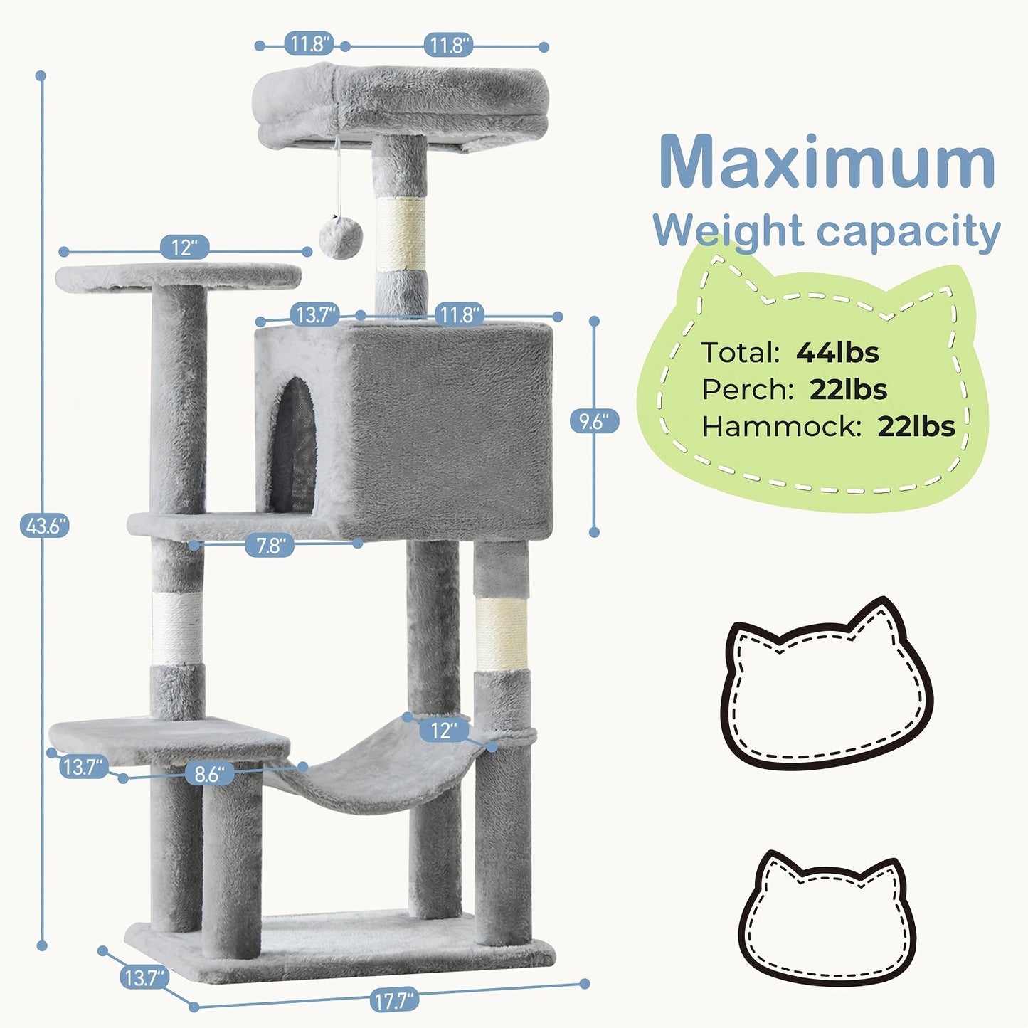 44-Inch Cat Tree Tower with Condo & Hammock – Natural Sisal Scratching Posts, Multi-Level Perches & Pet House for Indoor Cats, Available in Beige, Gray, Pink & Black/Red