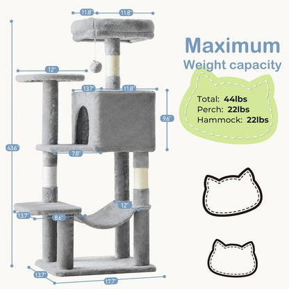 44-Inch Cat Tree Tower with Condo & Hammock – Natural Sisal Scratching Posts, Multi-Level Perches & Pet House for Indoor Cats, Available in Beige, Gray, Pink & Black/Red