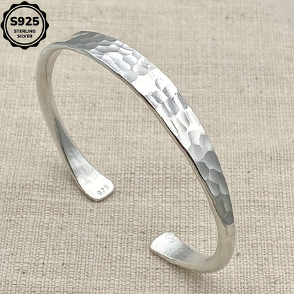 925 Sterling Silver Hammered Cuff Bracelet – Handmade Open Bangle with Corrugated Texture, Adjustable Fit, Boho Vintage Jewelry Gift for Women, Mom, Girlfriend – Birthday, Anniversary, Valentine's Day