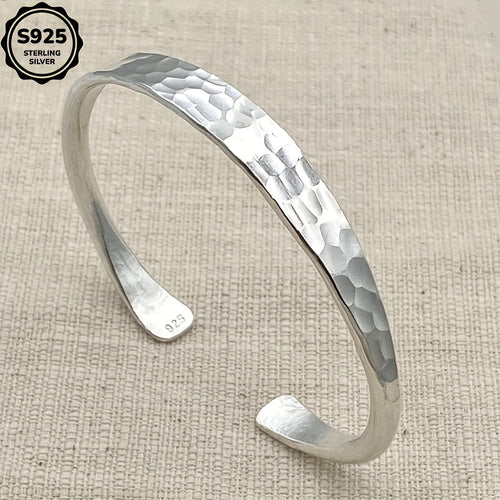 925 Sterling Silver Hammered Cuff Bracelet – Handmade Open Bangle with Corrugated Texture, Adjustable Fit, Boho Vintage Jewelry Gift for Women, Mom, Girlfriend – Birthday, Anniversary, Valentine's Day
