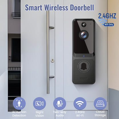 2K Smart Video Doorbell Camera WiFi Wireless 166° Wide Angle AI Human Detection Two-Way Audio Night Vision Cloud Storage Rechargeable Battery – Black & Linen