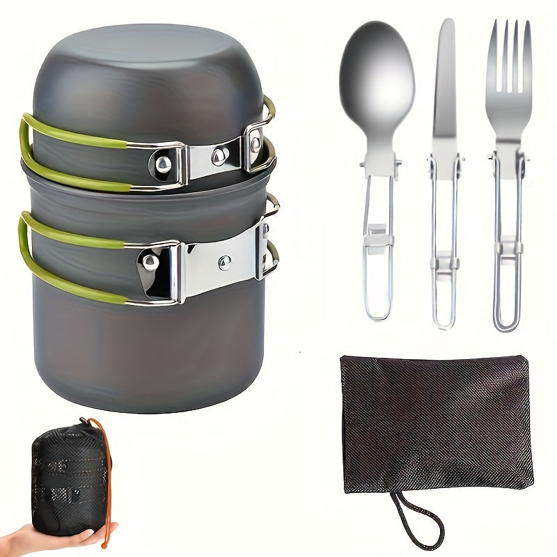 304 Stainless Steel Camping Cookware Set with Foldable Storage – Durable Compact Pot with Knives & Forks Utensils for Outdoor Backpacking Hiking Picnics & Camping, Green & Orange, Lightweight Camp Kitchen Kit