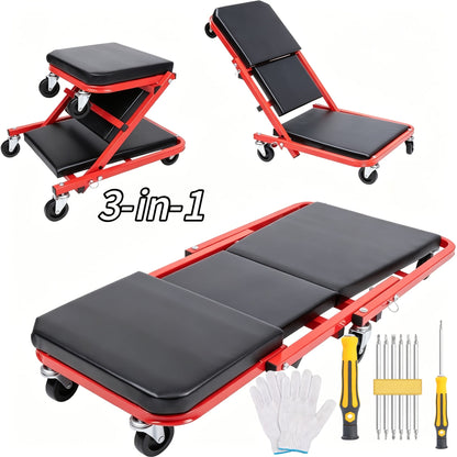 36 Inch Folding Mechanic Creeper Z-Crawl Board with 6 Swivel Wheels – Adjustable Load Board Car Crawl Seat with Tool Kit, Deck Repair & Tire Repair Accessories, DIY Auto Mechanic Gift for Men, Husbands & Car Enthusiasts