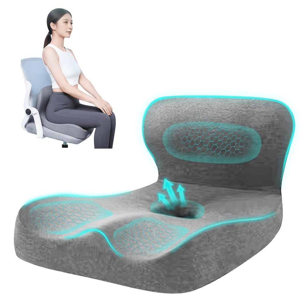 Memory Foam Seat Cushion with Ergonomic Raised Back & Hollow Breathable Design – Coccyx Tailbone Pain Relief Cushion for Office Chair, Car Seat, Wheelchair & Home, Non-Slip Buttock Cushion