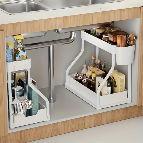 Under Sink Organizer 2-Pack with Sliding Drawer Shelves – Pull-Out Cabinet Storage Rack for Bathroom, Kitchen, Pantry & Vanity, Durable Metal Frame, Space-Saving Organization, Black or White