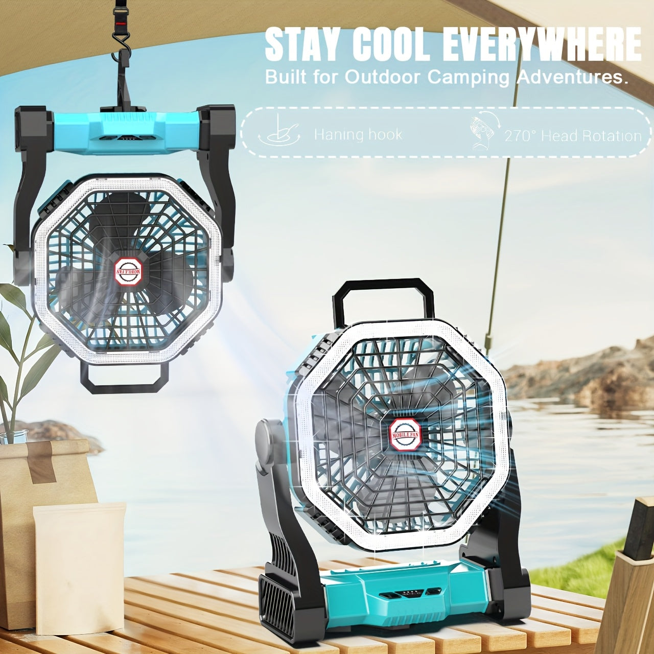 Rechargeable Portable Camping Fan with LED Light & Hanging Rope - 4-Speed USB Battery Powered Tent Fan for Outdoor Travel Indoor Home