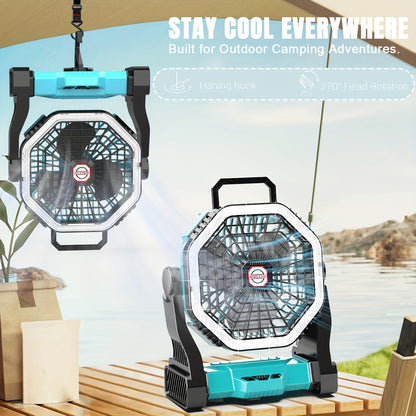 Rechargeable Portable Camping Fan with LED Light & Hanging Rope - 4-Speed USB Battery Powered Tent Fan for Outdoor Travel Indoor Home