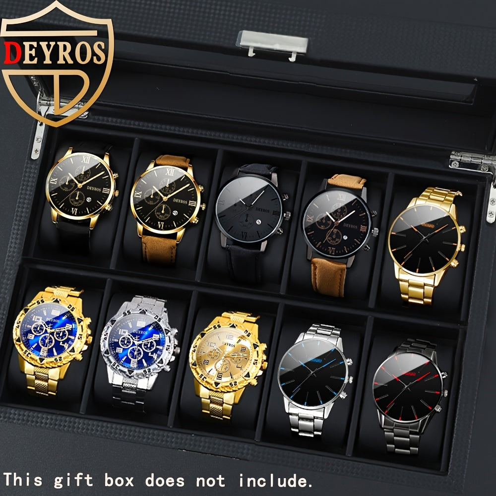 Men's Quartz Watch Set 10 Pcs – Analog Alloy Case, Faux Leather Strap, Date Display, Multiple Styles – Casual Wrist Watches for Men, Perfect Gift Set