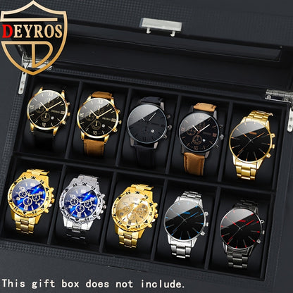 Men's Quartz Watch Set 10 Pcs – Analog Alloy Case, Faux Leather Strap, Date Display, Multiple Styles – Casual Wrist Watches for Men, Perfect Gift Set