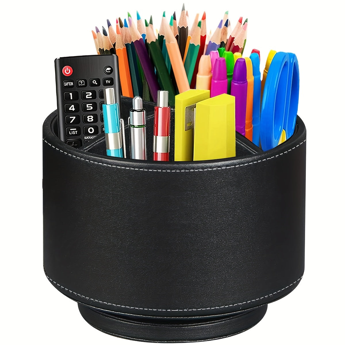 360° Swivel Pen Holder with 4 Compartments – PU Leather Rotating Desk Organizer for Office Supplies, Art Supplies, Remote Controls, Glasses & Accessories, Stylish Pencil Case Storage Box