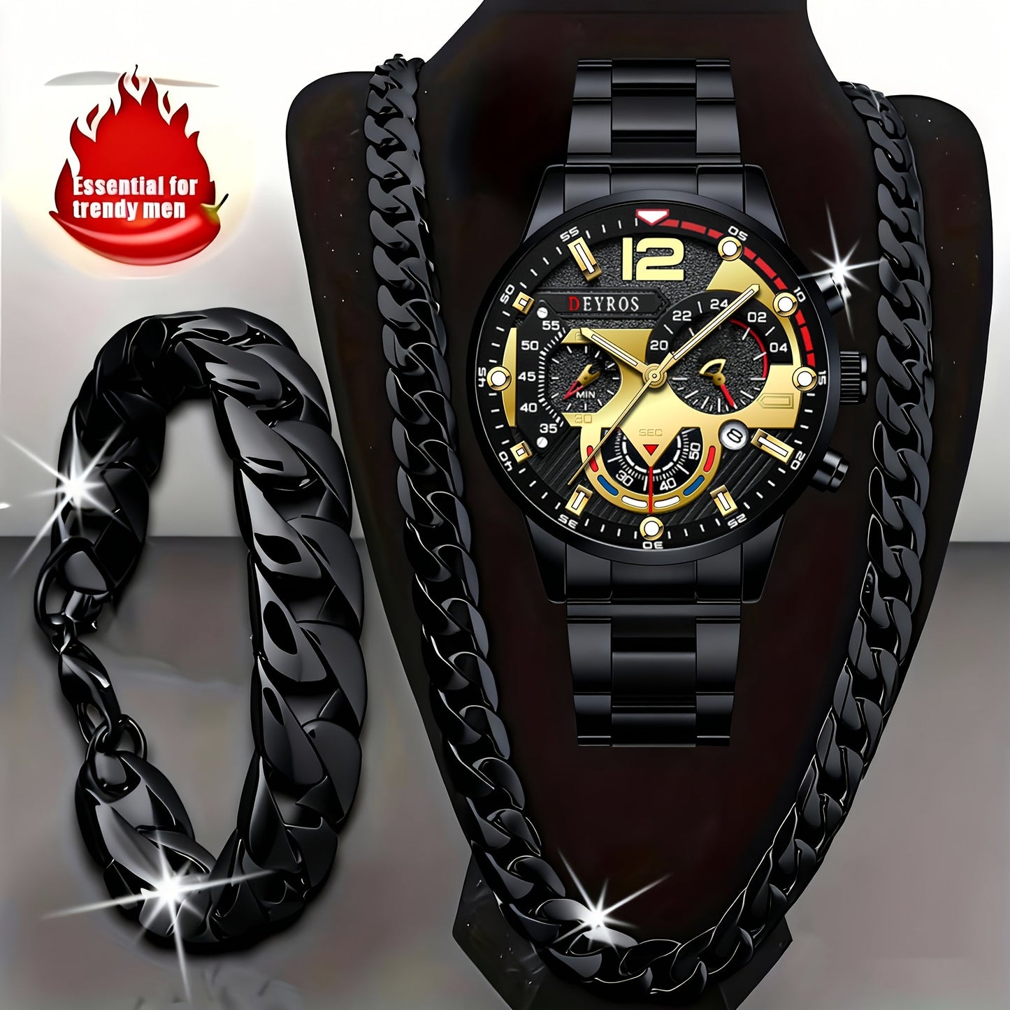 Men's 3pcs Watch Necklace Bracelet Set Luxury Analog Quartz Wristwatch Matching Jewelry Combo for Daily Wear Gift for Him Silver Gold Black