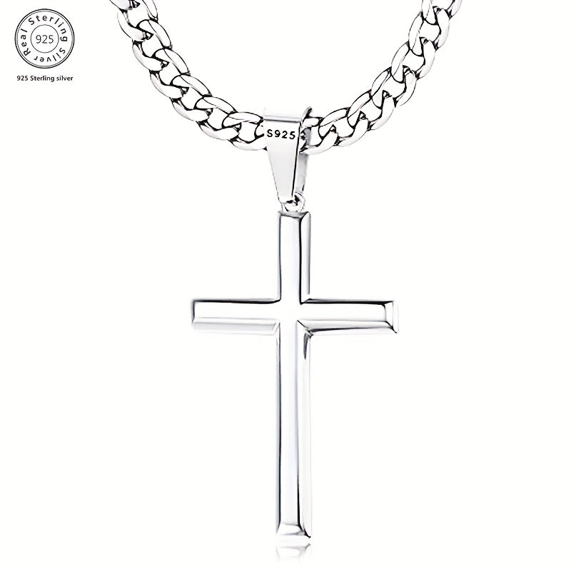 S925 Sterling Silver 5mm Cuban Chain Cross Pendant Necklace 4g – 22in/24in, Gift Box Included, Faith Jewelry for Men & Women, Anniversary, Christmas & Birthday Gift