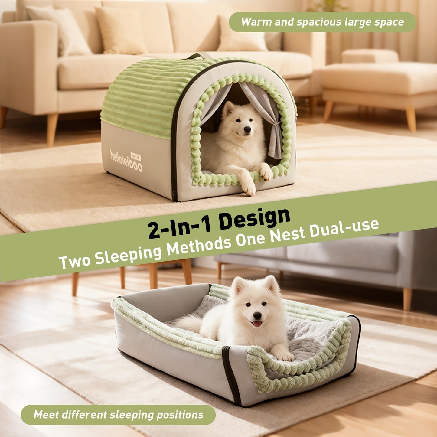 Foldable Dog Bed Cave 2-in-1 All Season – Fully Enclosed Covered Pet House with Handle, Soft Fluffy Non-Slip Washable Nest for Large, Medium & Small Dogs and Cats – Free Drool Bib – Velora