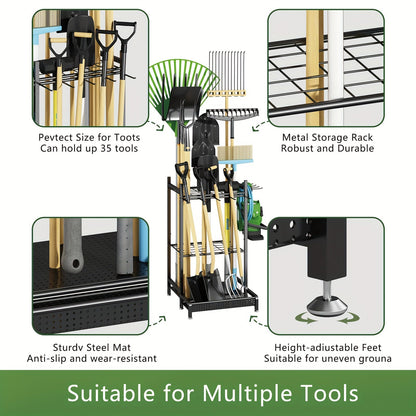 Garden Tool Organizer for Garage Heavy Duty Metal Rack with Hooks – Freestanding Yard Tool Stand Holder for Long-Handled Brooms, Shovels, Rakes & Outdoor Tools, Black Storage Rack